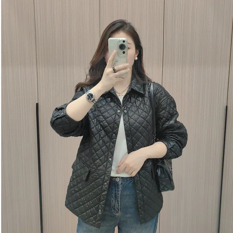 秋冬菱格纹衬衫款休闲百搭真皮时尚外套-6610