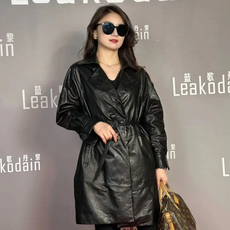 春秋修身真皮通勤气质减龄中长款女士时尚风衣外套-HY190