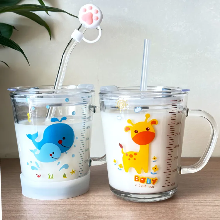 卡通刻度冲牛奶专用杯子吸管杯早餐杯喝水杯子家用玻璃水杯带把手