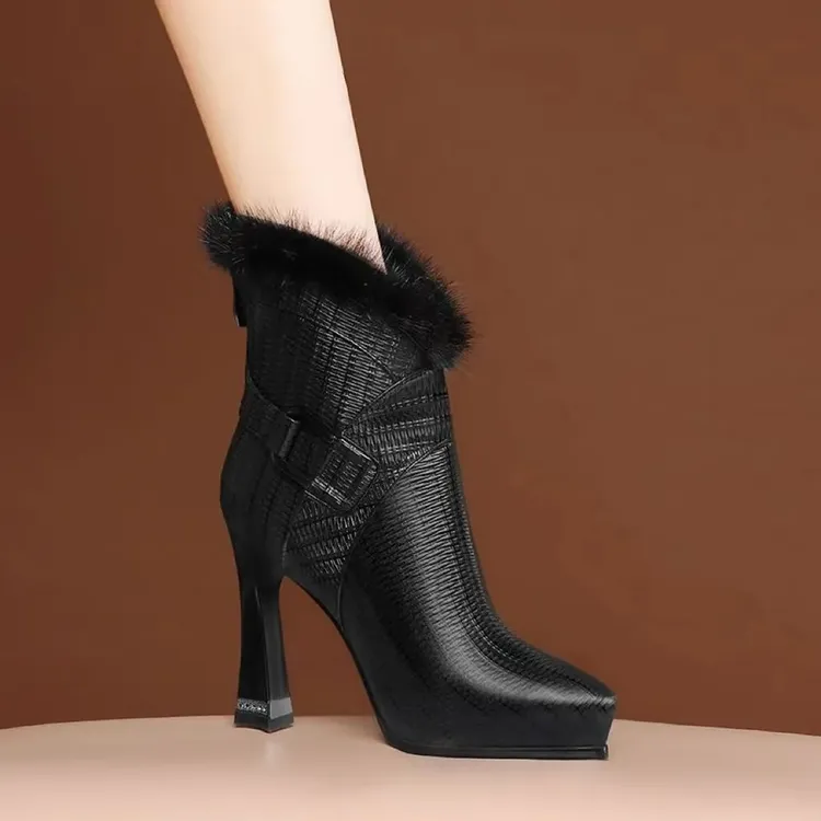 真软皮女靴2023冬季尖头短靴女鞋高跟防水台绒里时尚貂毛马丁靴
