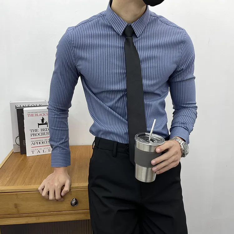 夏季薄款男士竖条纹衬衫抗皱免熨显瘦衬衣男韩版休闲通勤穿搭