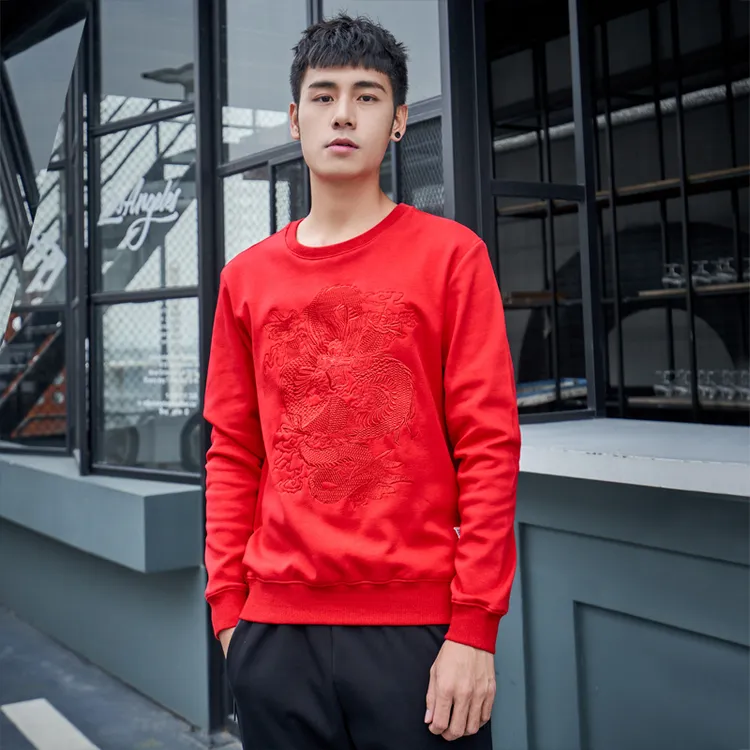 刺绣卫衣男士潮牌ins中国风龙图案薄款红色上衣国潮卫衣圆领长袖