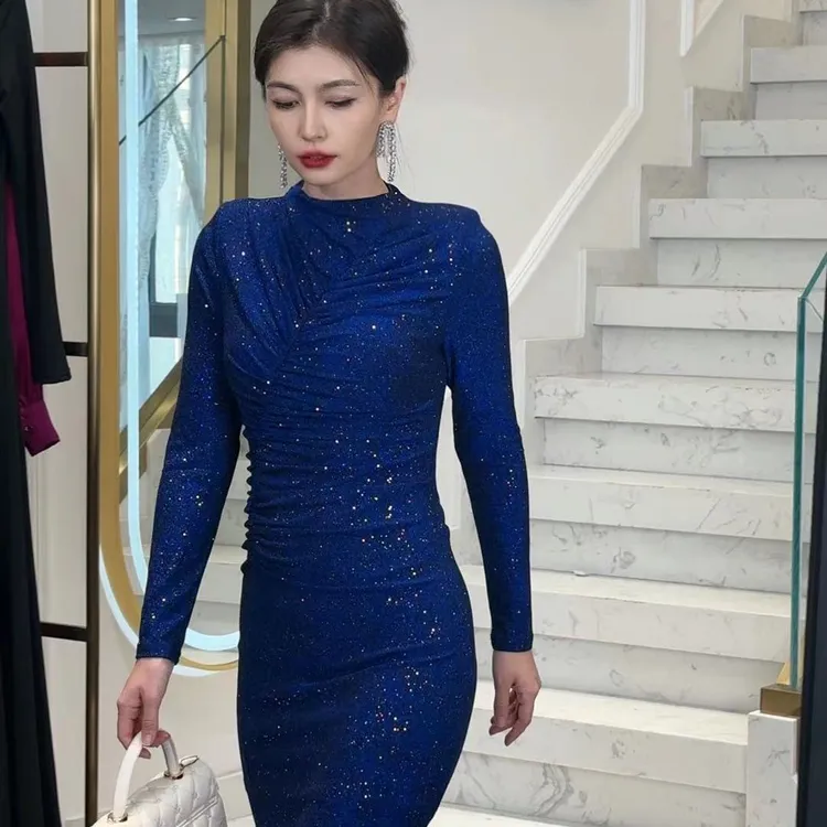 【瑞拉原创-蓝黑烫金】轻奢修身气质名媛烫金晚礼服包臀裙