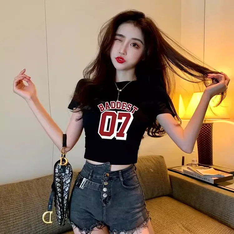 黑色短袖女t恤短款高腰露脐夏季纯棉修身印花辣妹上衣ins设计感潮