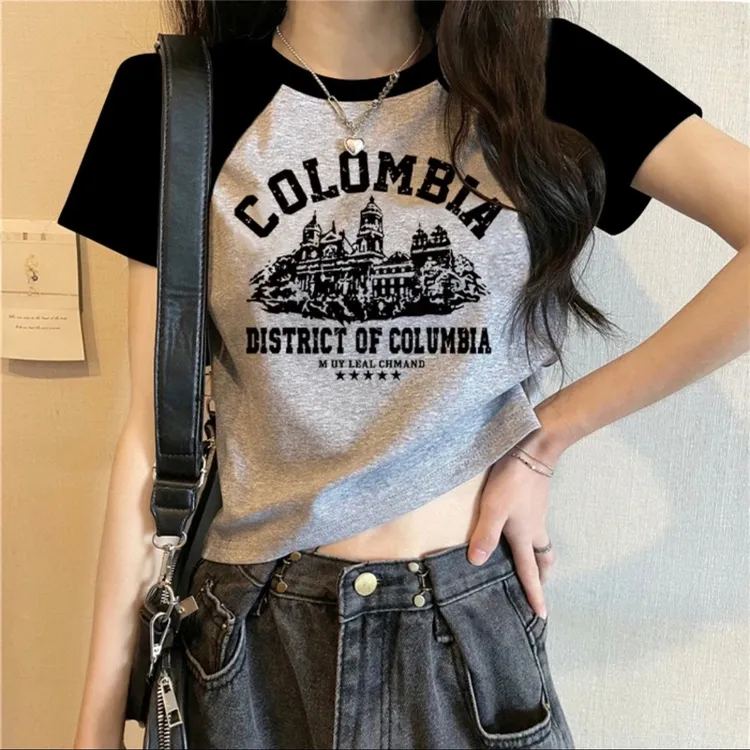 短袖女t恤2025爆款洋气高档纯棉上衣白色撞色拼接紧身短款夏季潮