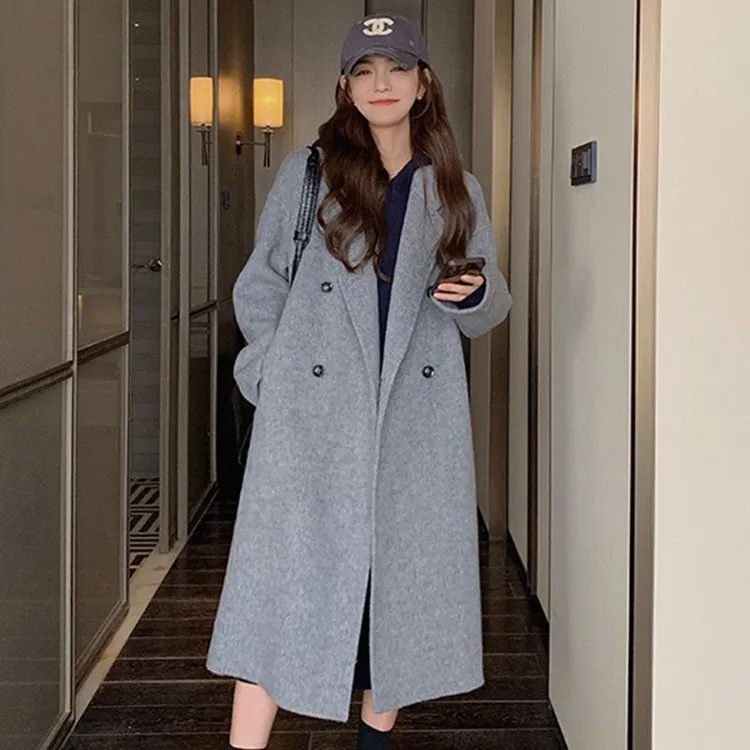 韩版高级感超细茧型灰色大衣女中长款简约气质百搭过膝羊毛外套