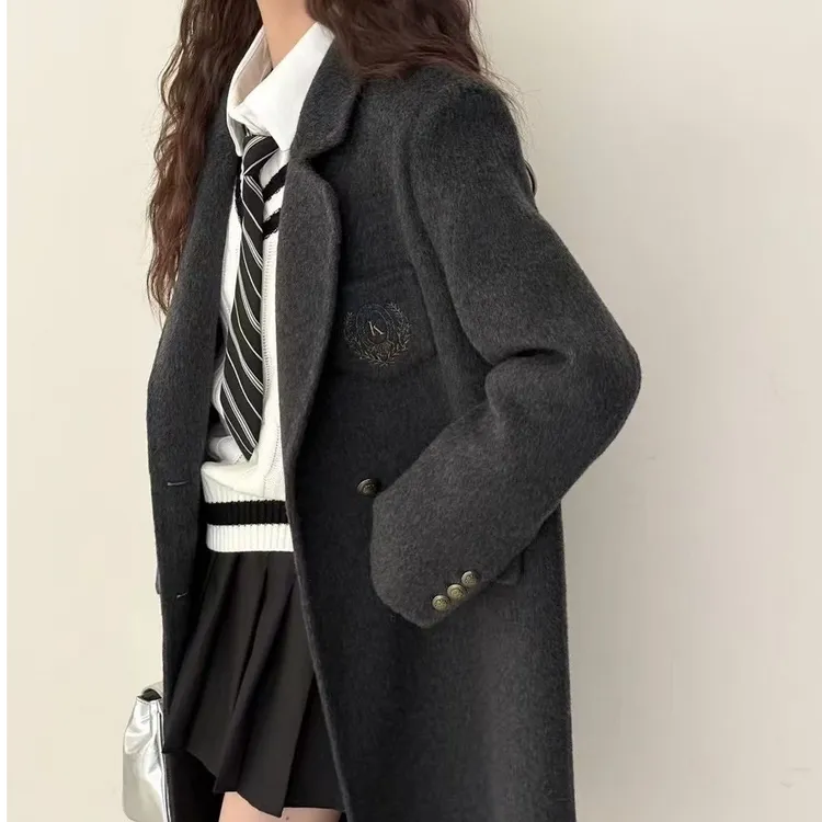 【梵与简】学院风JK西装双排扣高级感秋冬小个子双面羊毛大衣外套女