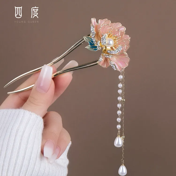 簪子超仙百搭中国风牡丹花U形发簪新款合金气质简约盘中国风饰品