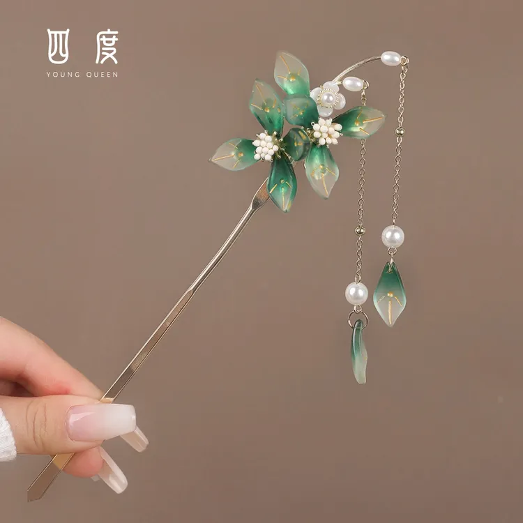 气质绿色花朵流苏古风步摇钗子女日常丸子头复古清新高级感发饰