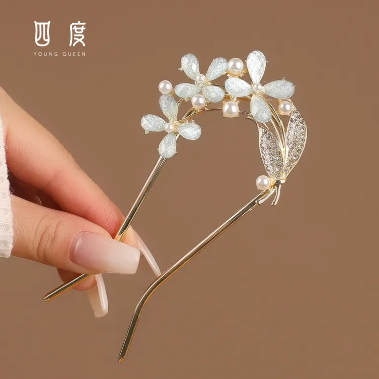 新款夏季中式山茶花发簪古风高级后脑勺盘发金属簪子汉服头饰发钗