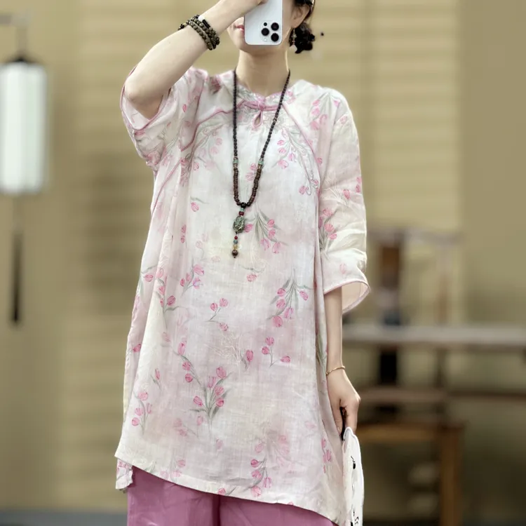 束心夏装新款新中式立领盘扣五分袖衬衫女苎麻印花刺绣中长款上衣