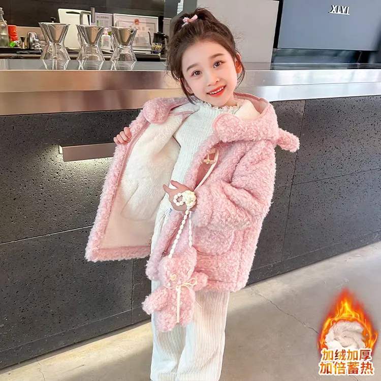 100-140码女童毛毛衣外套冬款2024新款女宝宝羊羔毛秋冬加绒大衣