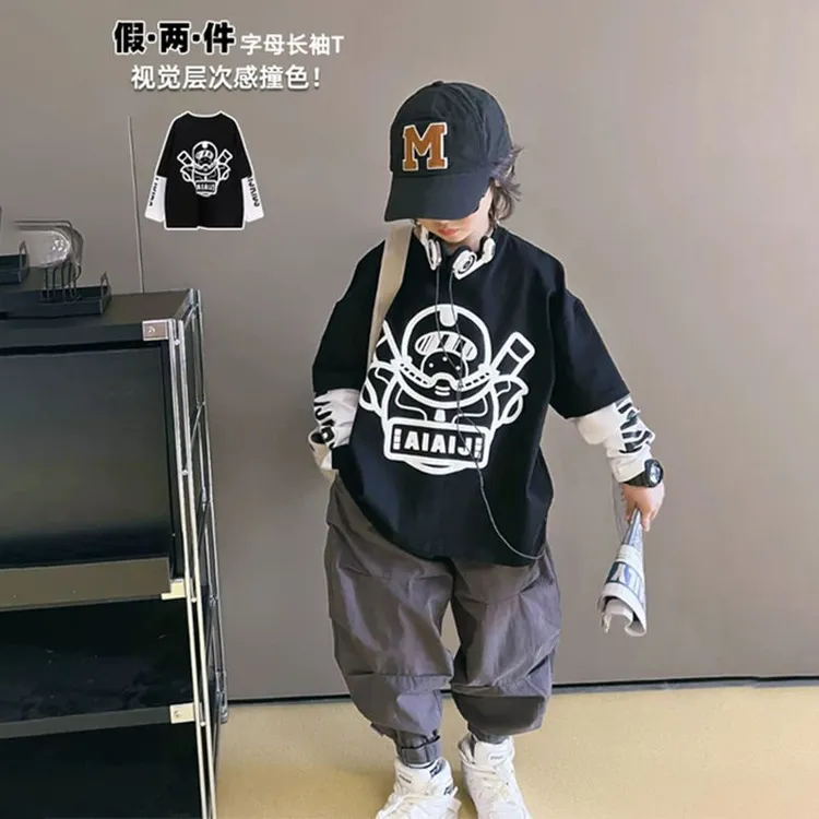 男童长袖T恤2025秋季新款儿童宽松撞色打底衫中大童男孩帅气上衣