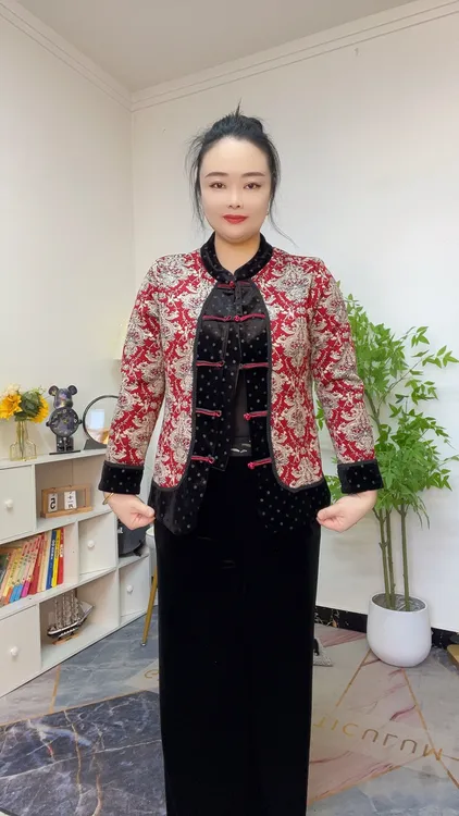 复古加绒旗袍开衫民族风拼接设计