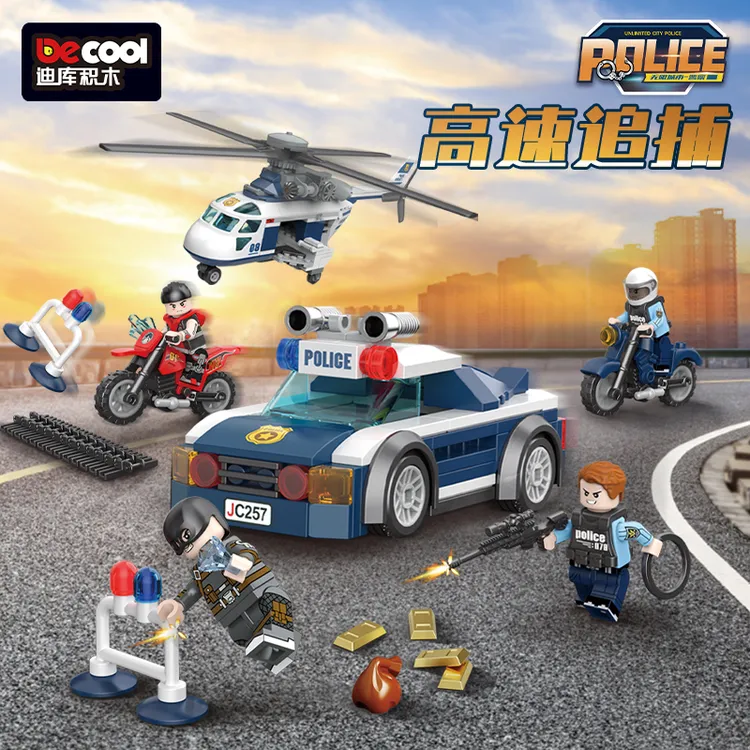 DECOOL/迪库积木警察追捕飞机直升机研究所益智场景拼搭玩具