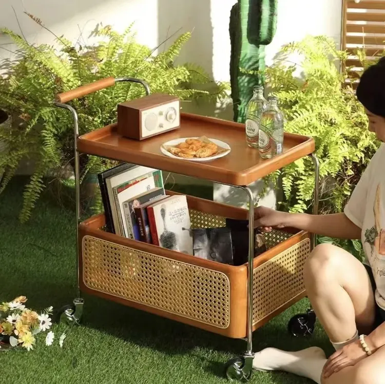 实木移动带轮边几不锈钢收纳中古小推车客厅储物藤编置物简约边几