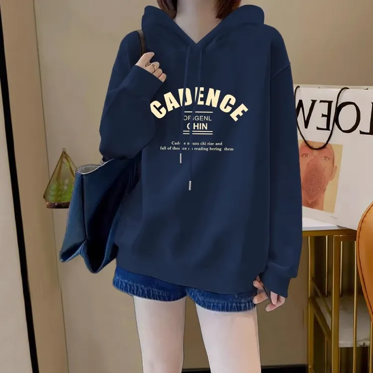 蓝色连帽卫衣女2024秋季美式复古宽松字母印花慵懒风帽衫加厚上衣