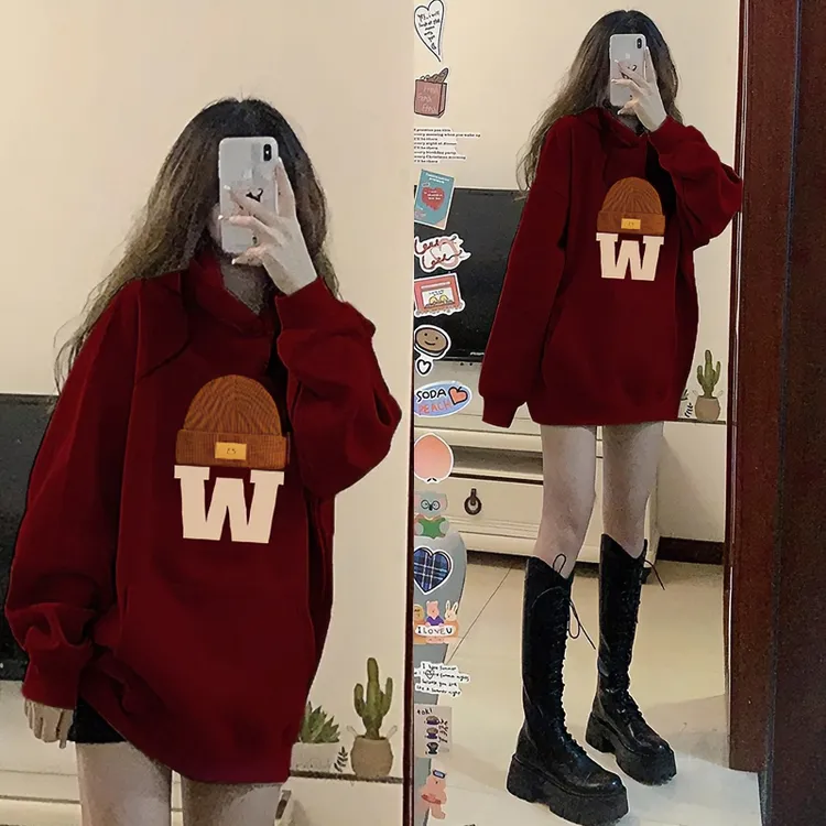 红色连帽套头卫衣女秋冬加绒加厚宽松感超好看本命年龙年衣服上衣