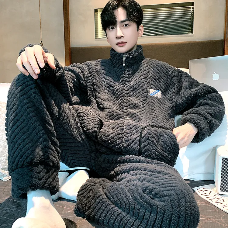 睡衣男秋冬款法兰绒加厚加绒保暖珊瑚绒立领冬天开衫家居服套装