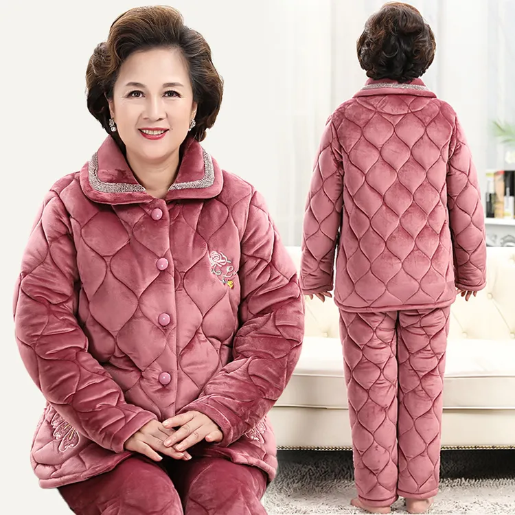 中老年珊瑚绒女冬睡衣女套装家居服加绒加厚三层夹棉保大码棉袄