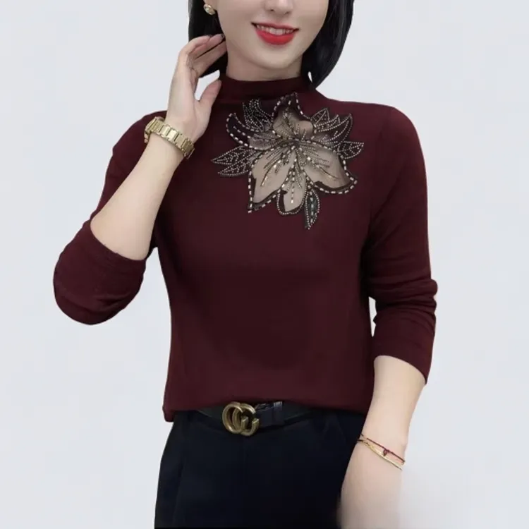 秋季新款半高领长袖气质百搭纯色镂空烫钻休闲设计感简约T恤衫女