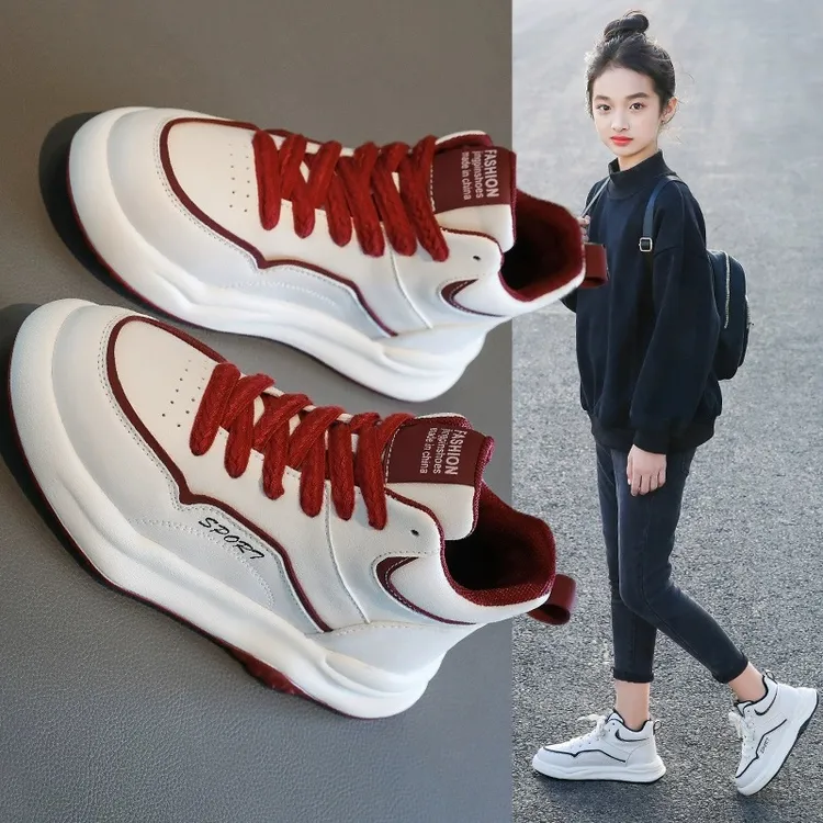 女童鞋子2025新款女孩休闲小白鞋加绒韩系老爹鞋中大童软底运动鞋