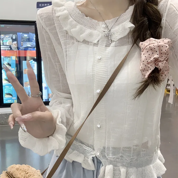 【冰丝小衫】防晒花边甜美减龄长袖薄款空调房披肩显瘦针织开衫女