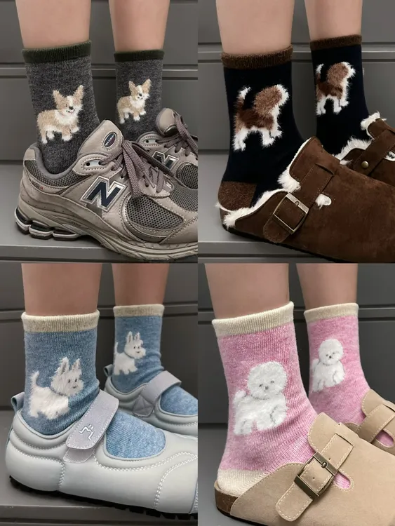 十万袜皮可爱小狗绵咩毛中筒袜无骨袜头保暖袜ins韩系学院风毛绒
