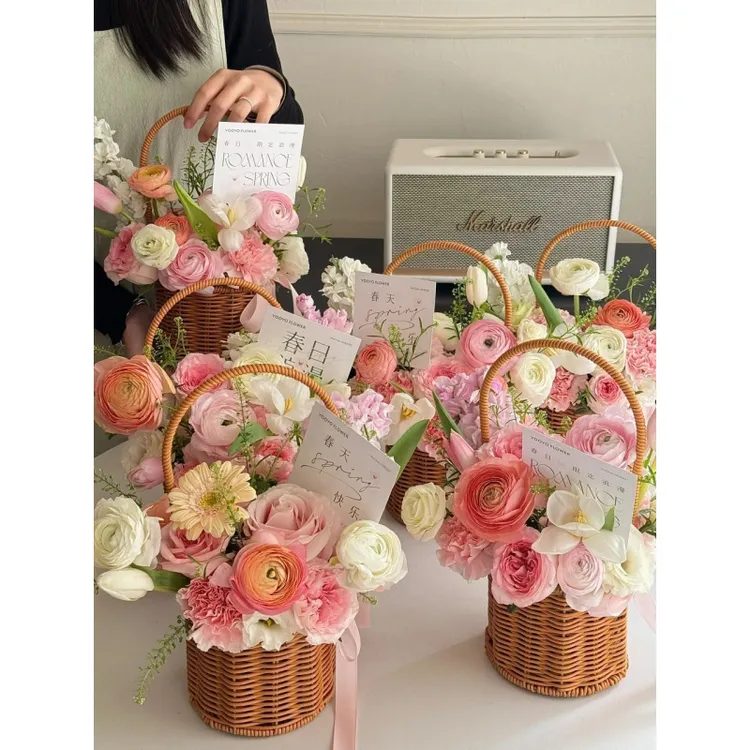 东方家 圆形复古风手提花铁艺造型篮鲜花绿植鲜花收纳