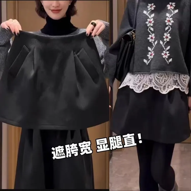 气质显瘦毛呢花苞裙黑色半身裙休闲A字短裙胖MM梨形身材裙子女