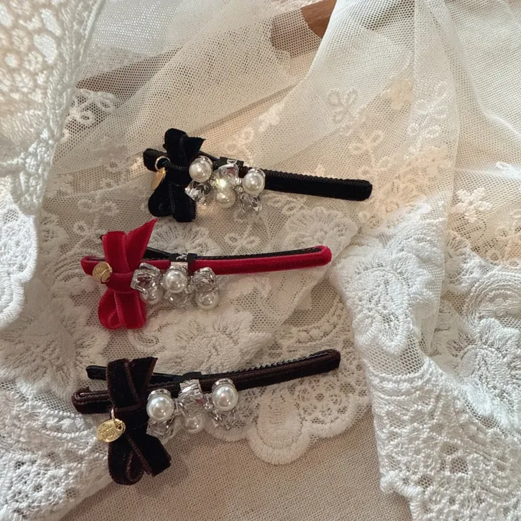 jioli/椒莉韩国发饰蝴蝶结发夹复古气质丝绒水钻一字夹发卡女边夹