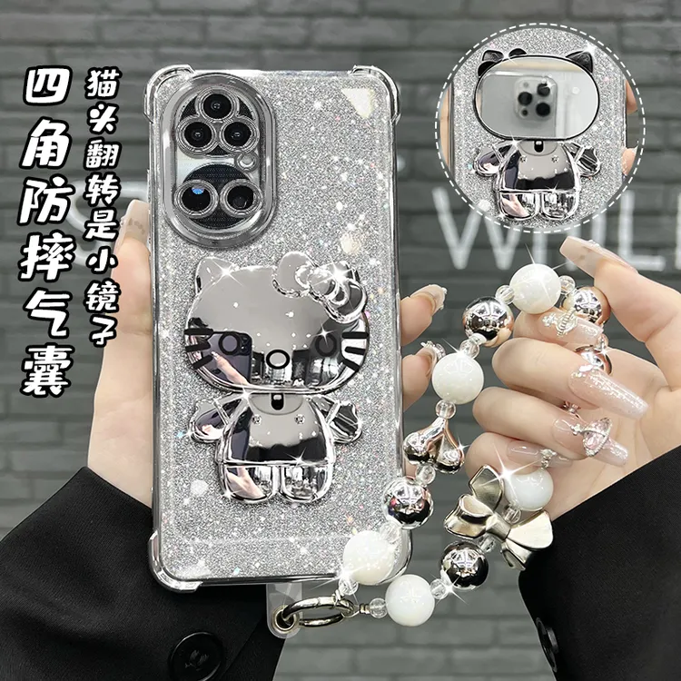 适用【华为】p50/p50pro/p50e四角防摔电镀猫咪镜子支架手机壳