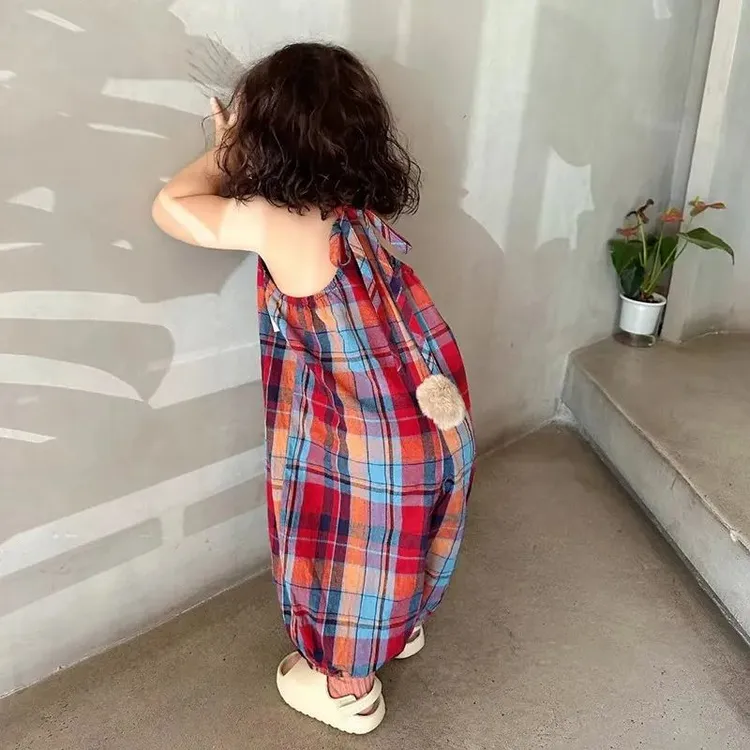 韩国童装女童背带裤夏季薄款中小童宝韩版宽松洋气格子连体九分裤