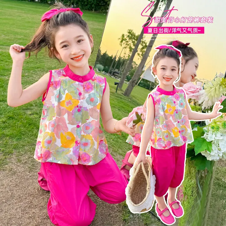 女童夏季新款套装夏日缤纷碎花背心两件套