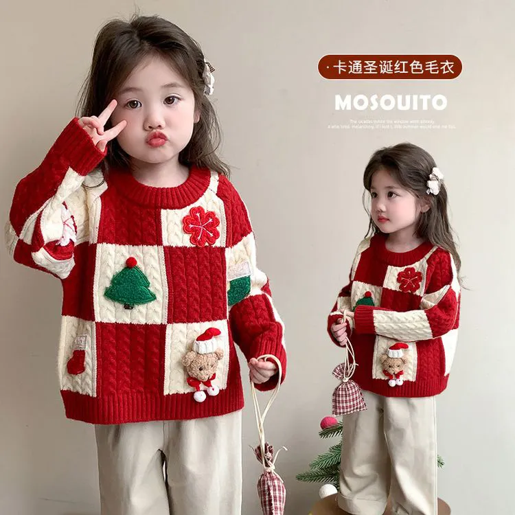 女童洋气毛衣冬季新款卡通圣诞方格玩偶加厚毛衣