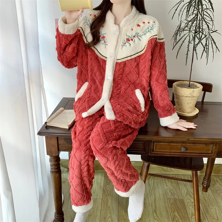 2024新款珊瑚绒睡衣女秋冬季加厚保暖新中式公主风冬款家居服套装