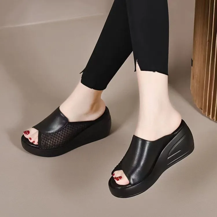 透气网纱凉拖鞋女2025夏季新款坡跟凉鞋厚底拖鞋软皮软底凉拖鞋女