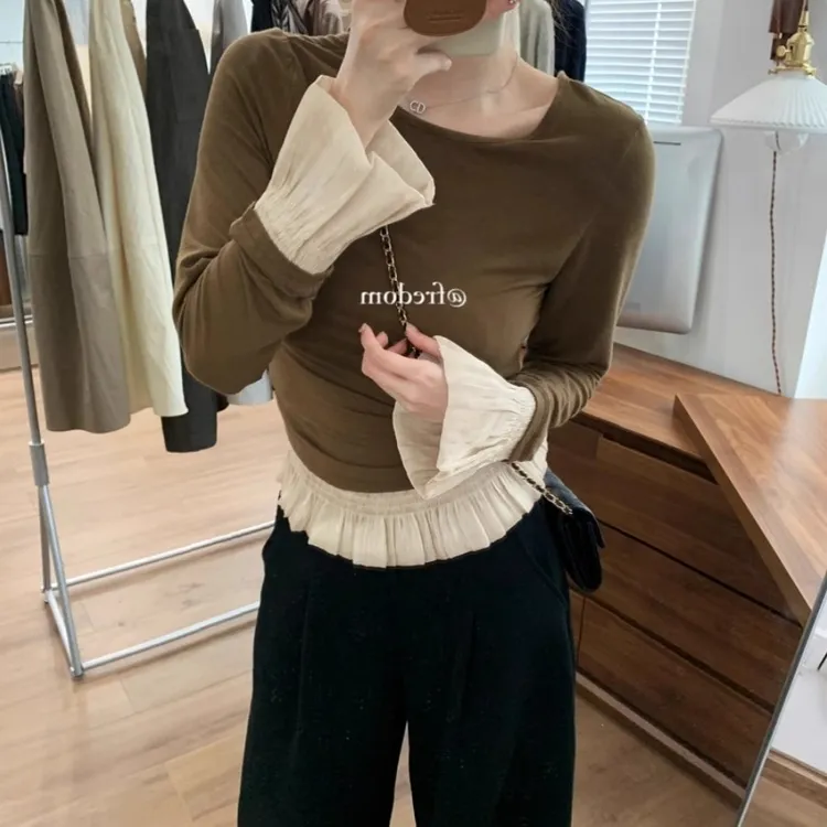 咖色拼接花边喇叭袖假两件长袖T恤女秋季正肩修身内搭打底衫上衣