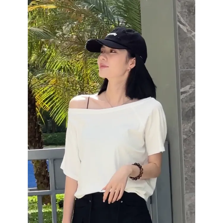 夏季女装T恤短袖纯色显瘦气质时尚小众简约一字肩宽松露肩休闲