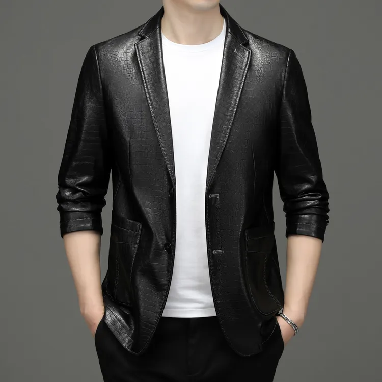 海宁男士鳄鱼纹皮衣西服时尚百搭商务休闲潮流西装高档修身外套