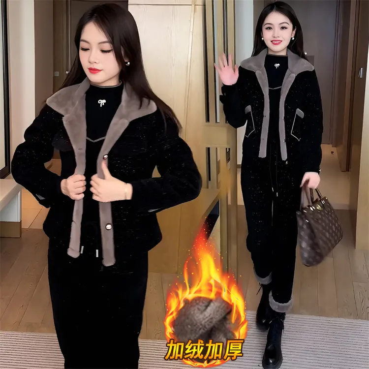 加绒加厚休闲运动服套装女2025秋冬新款时尚洋气小个子外套两件套