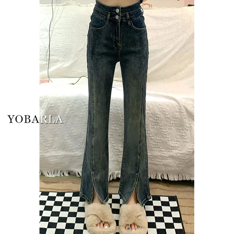 蓝色开叉直筒微喇牛仔裤女秋季新款大码胖mm弹力裤子春款