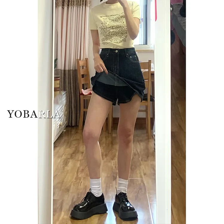 深蓝色牛仔短裙女春季高腰大码宽松显瘦a字短款半身裙-YBL-2282