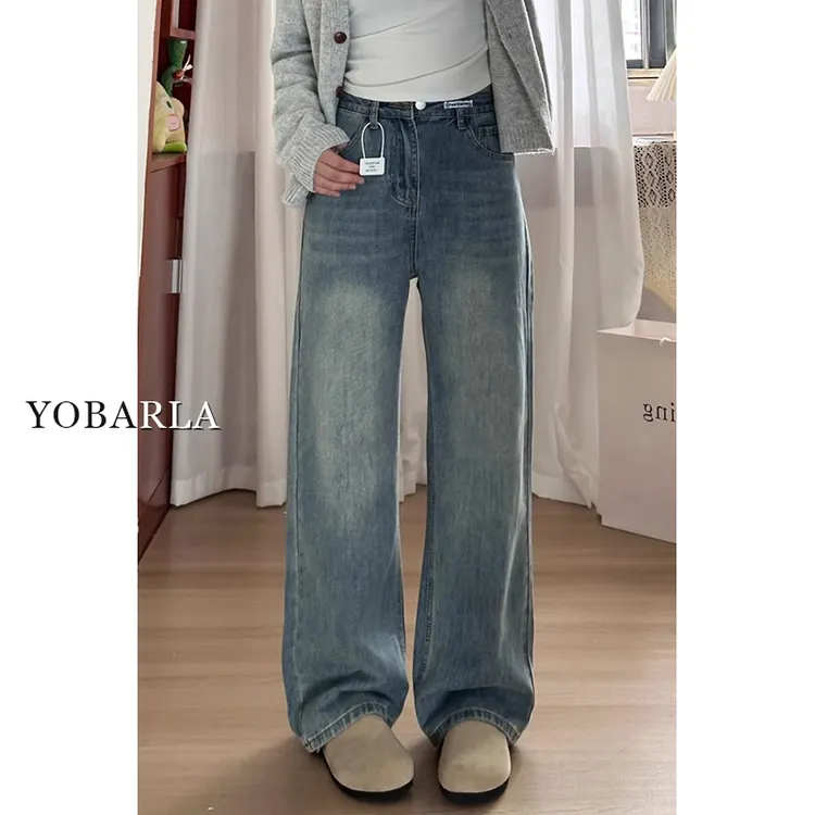 蓝牛仔裤女秋季新款高腰胖mm大码显瘦梨形身材宽松通勤女士牛仔裤