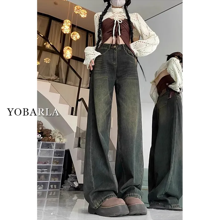 美式水泥灰阔腿牛仔裤女冬季加绒高腰宽松大码显瘦梨形身材拖地裤