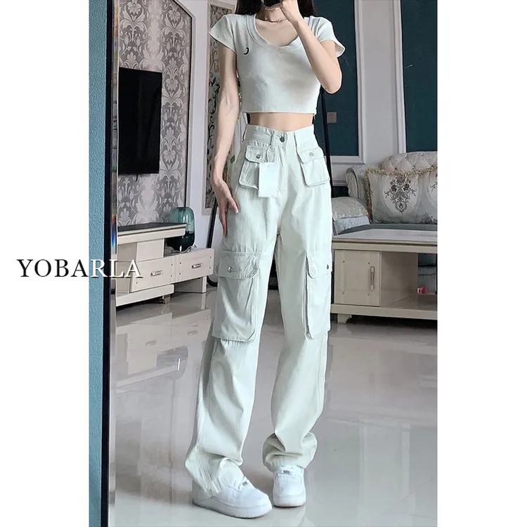 YOBARLA美式白色复古工装裤女秋冬宽松大码显瘦阔腿直筒休闲裤