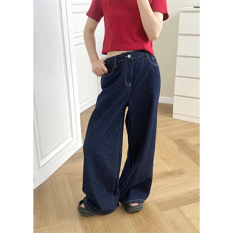 深色高腰阔腿直筒牛仔裤女冬季加绒大码宽松显瘦梨型身材裤子丹宁