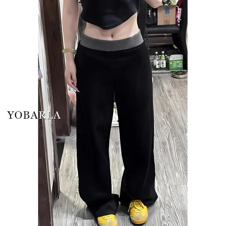 黑色拼接休闲裤女秋季新款大码胖mm宽松显瘦梨形身材阔腿运动卫裤