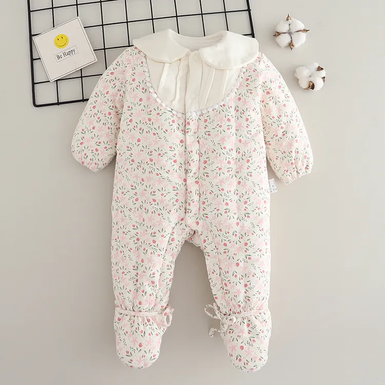 婴儿包脚连体衣宝宝手工棉花棉衣冬装加厚男宝女宝连脚哈衣爬服