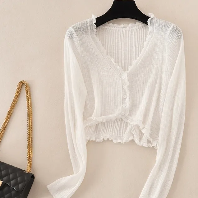 夏季v领薄款冰丝针织防晒开衫女短款竹节棉丝外搭披肩罩衫